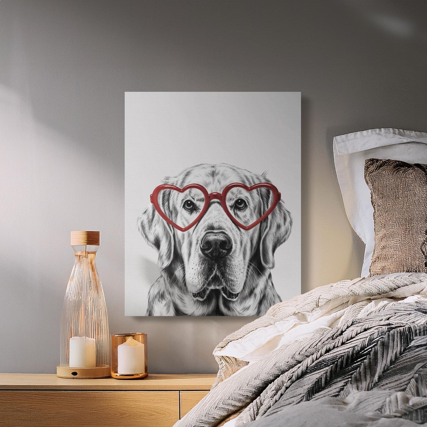 Premium Poster of Adorable Golden Retriever Sketch Red Heart Glasses Canvas Wraps