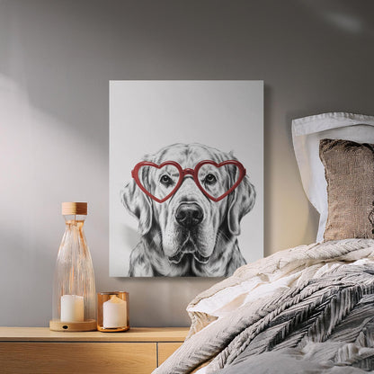 Premium Poster of Adorable Golden Retriever Sketch Red Heart Glasses Canvas Wraps