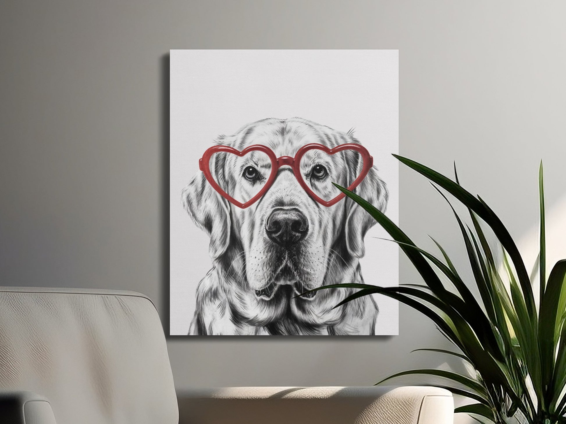 Premium Poster of Adorable Golden Retriever Sketch Red Heart Glasses Canvas Wraps
