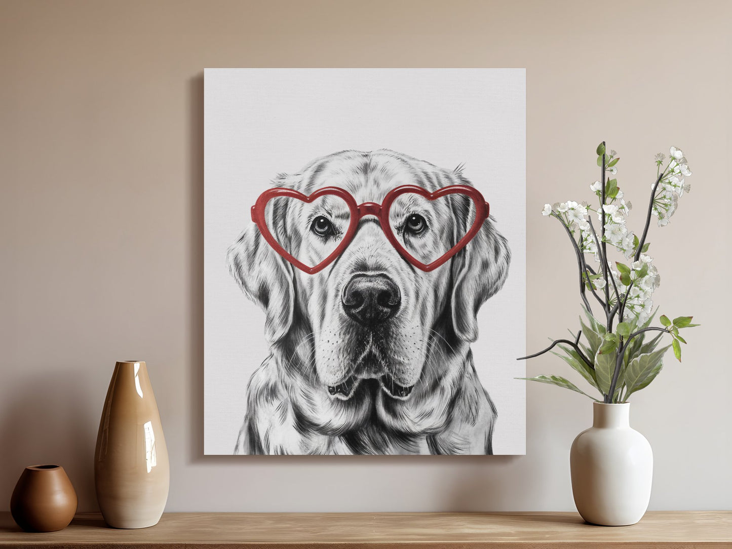 Premium Poster of Adorable Golden Retriever Sketch Red Heart Glasses Canvas Wraps