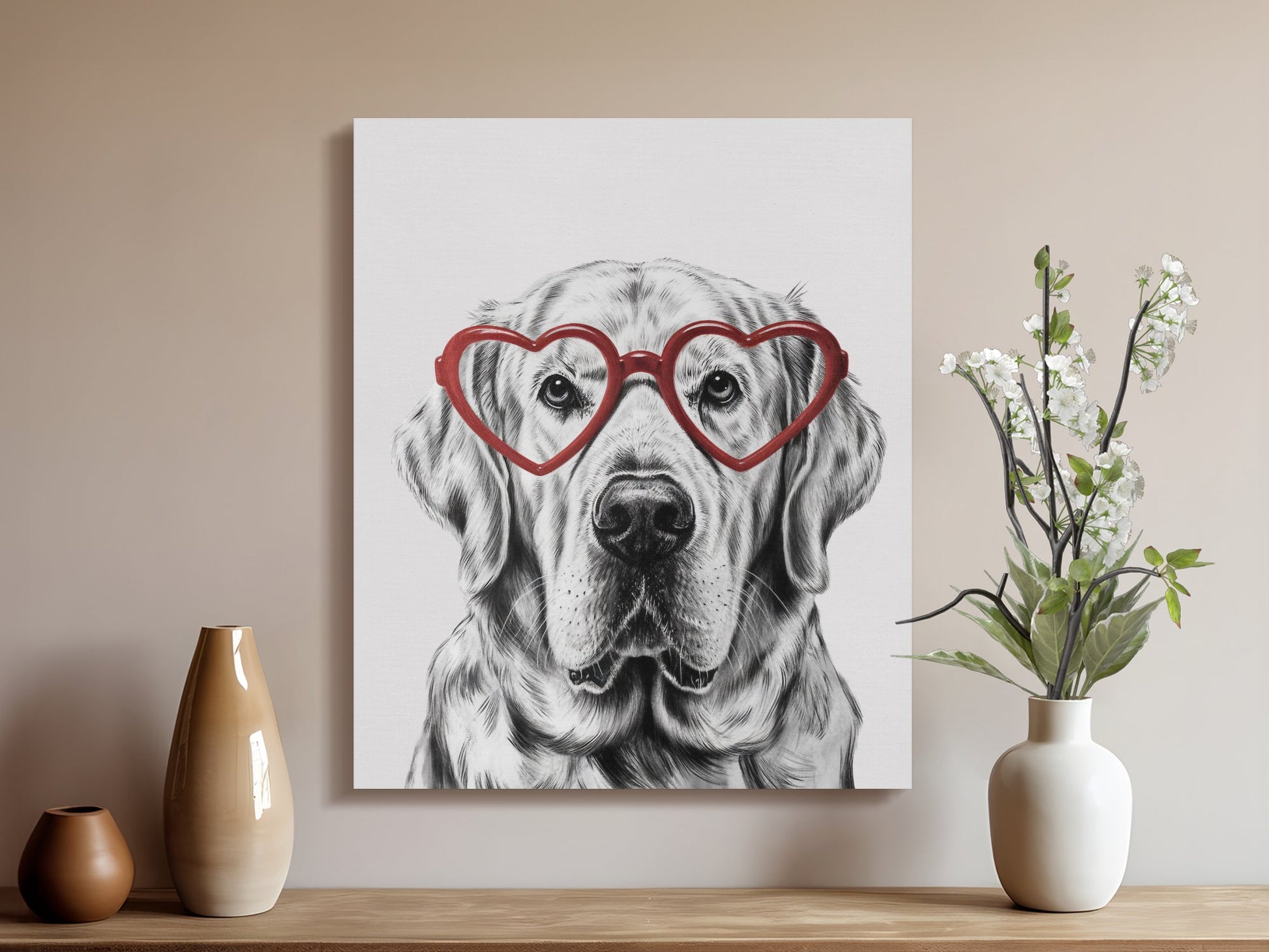 Premium Poster of Adorable Golden Retriever Sketch Red Heart Glasses Canvas Wraps