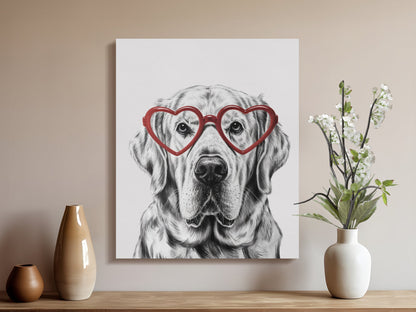 Premium Poster of Adorable Golden Retriever Sketch Red Heart Glasses Canvas Wraps