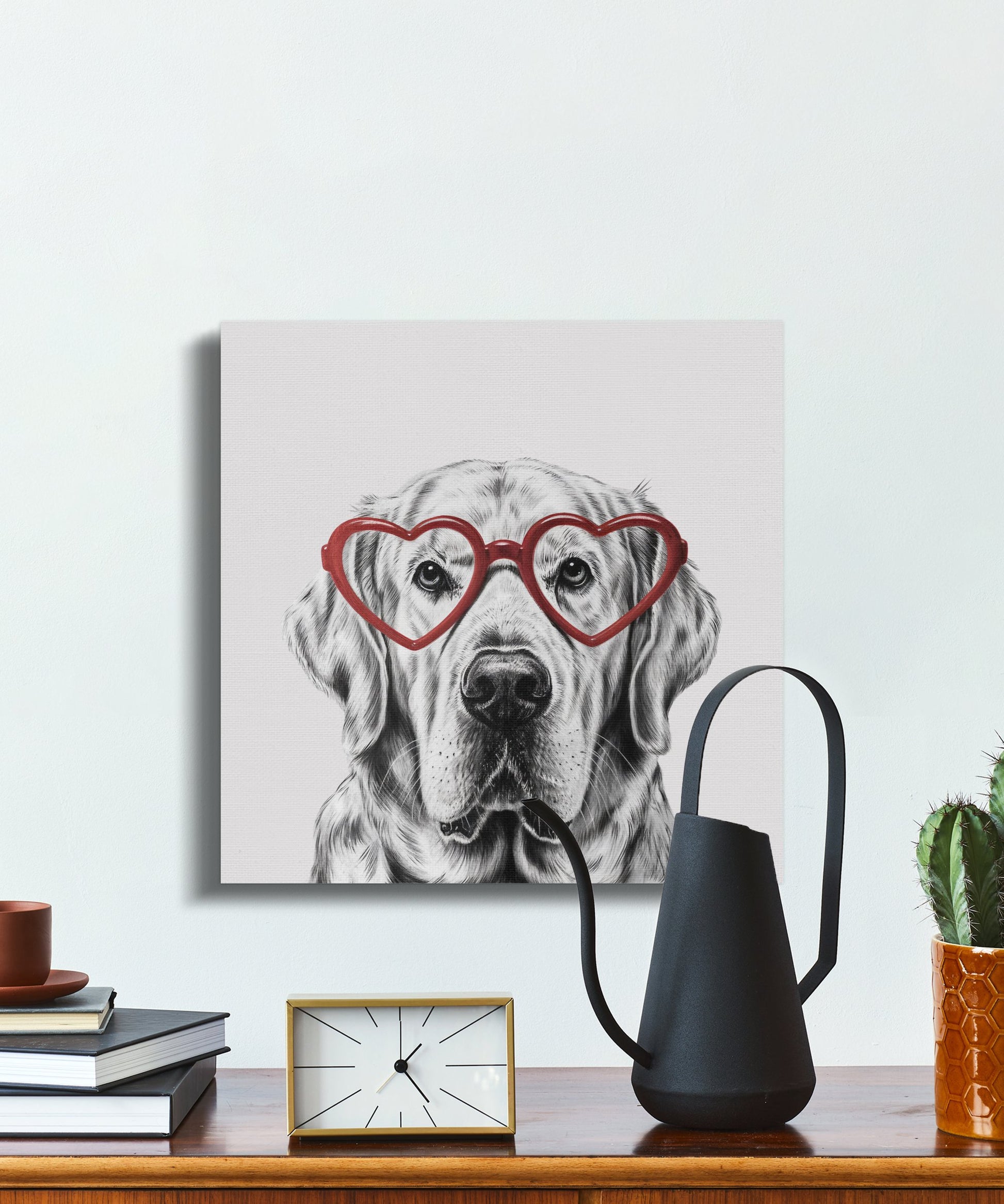 Premium Poster of Adorable Golden Retriever Sketch Red Heart Glasses Canvas Wraps