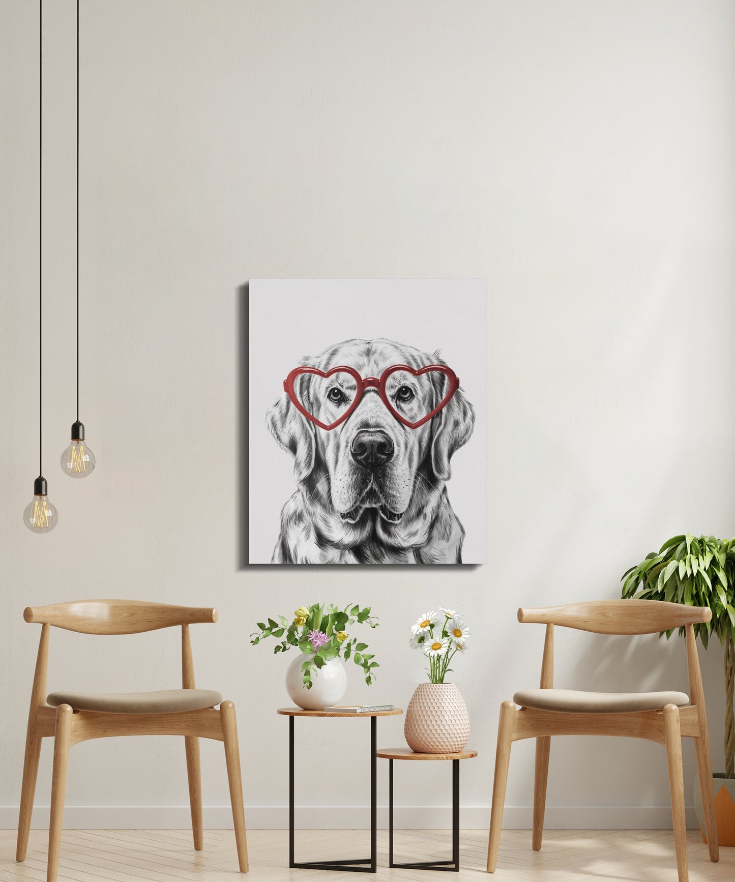 Premium Poster of Adorable Golden Retriever Sketch Red Heart Glasses Canvas Wraps