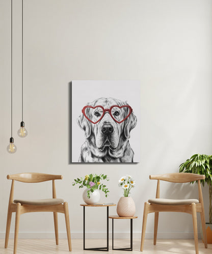 Premium Poster of Adorable Golden Retriever Sketch Red Heart Glasses Canvas Wraps