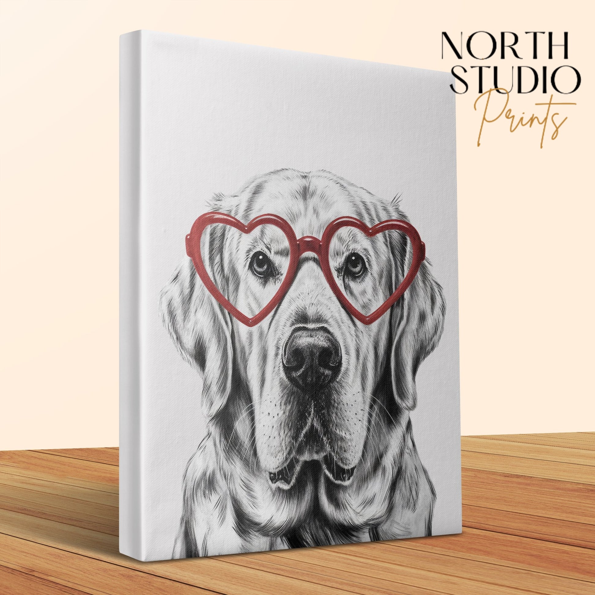 Premium Poster of Adorable Golden Retriever Sketch Red Heart Glasses Canvas Wraps