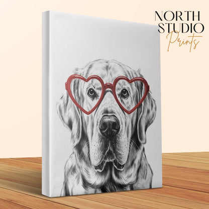 Premium Poster of Adorable Golden Retriever Sketch Red Heart Glasses Canvas Wraps
