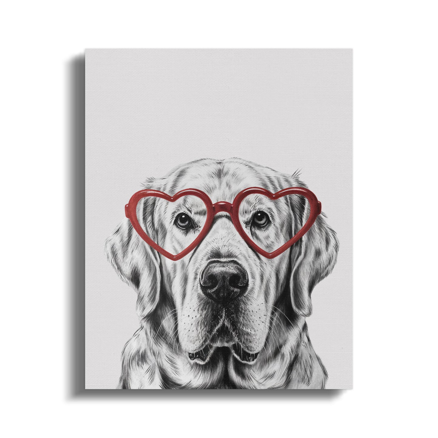 Premium Poster of Adorable Golden Retriever Sketch Red Heart Glasses Canvas Wraps