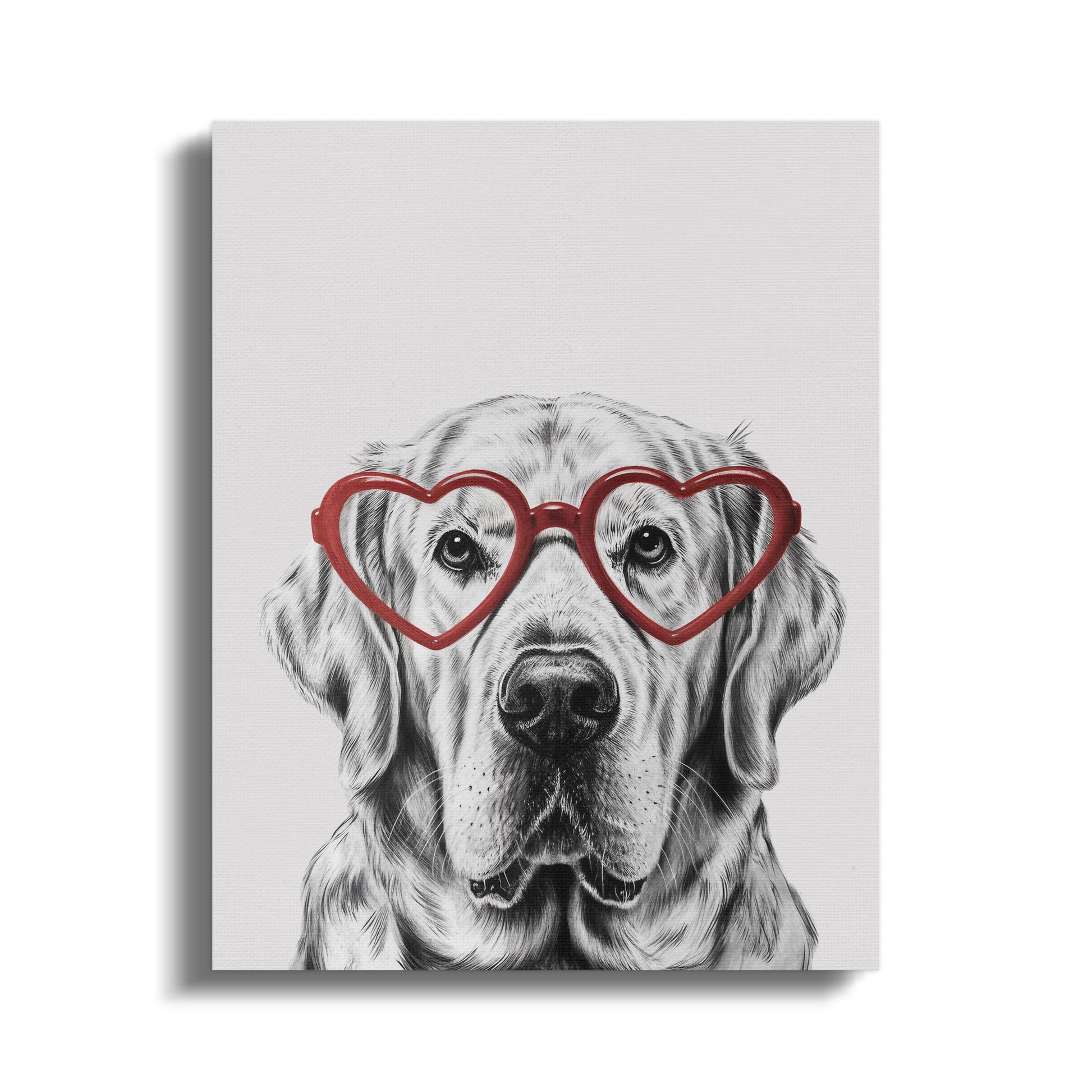 Premium Poster of Adorable Golden Retriever Sketch Red Heart Glasses Canvas Wraps