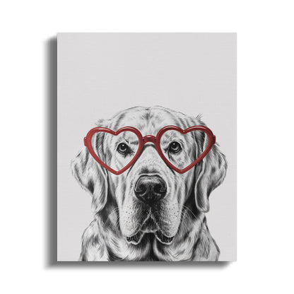 Premium Poster of Adorable Golden Retriever Sketch Red Heart Glasses Canvas Wraps