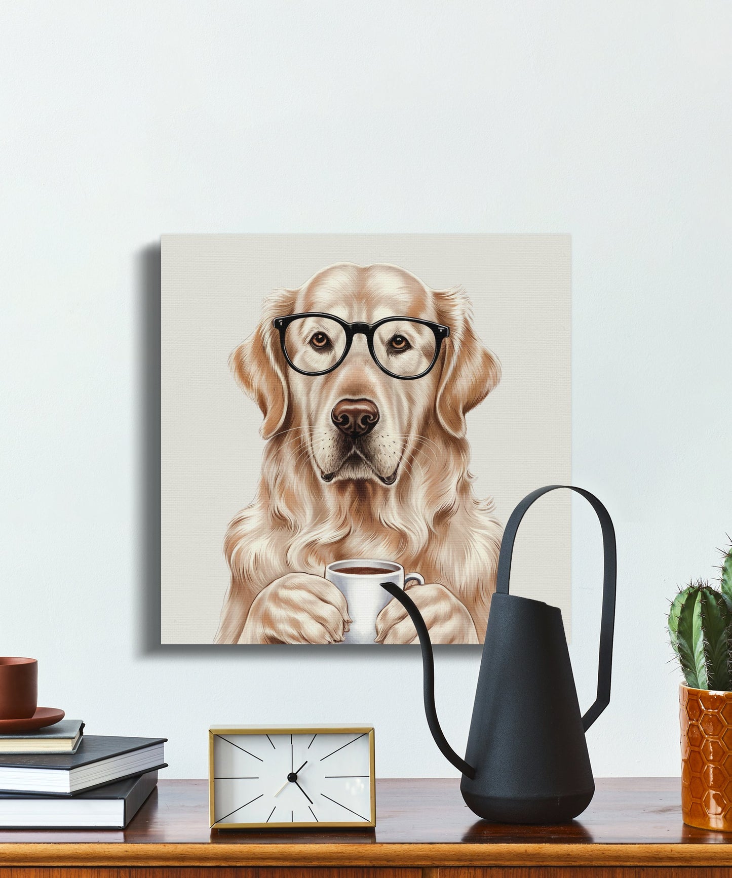 Premium Poster of Adorable Golden Retriever With Glasses and Coffee Canvas Wraps