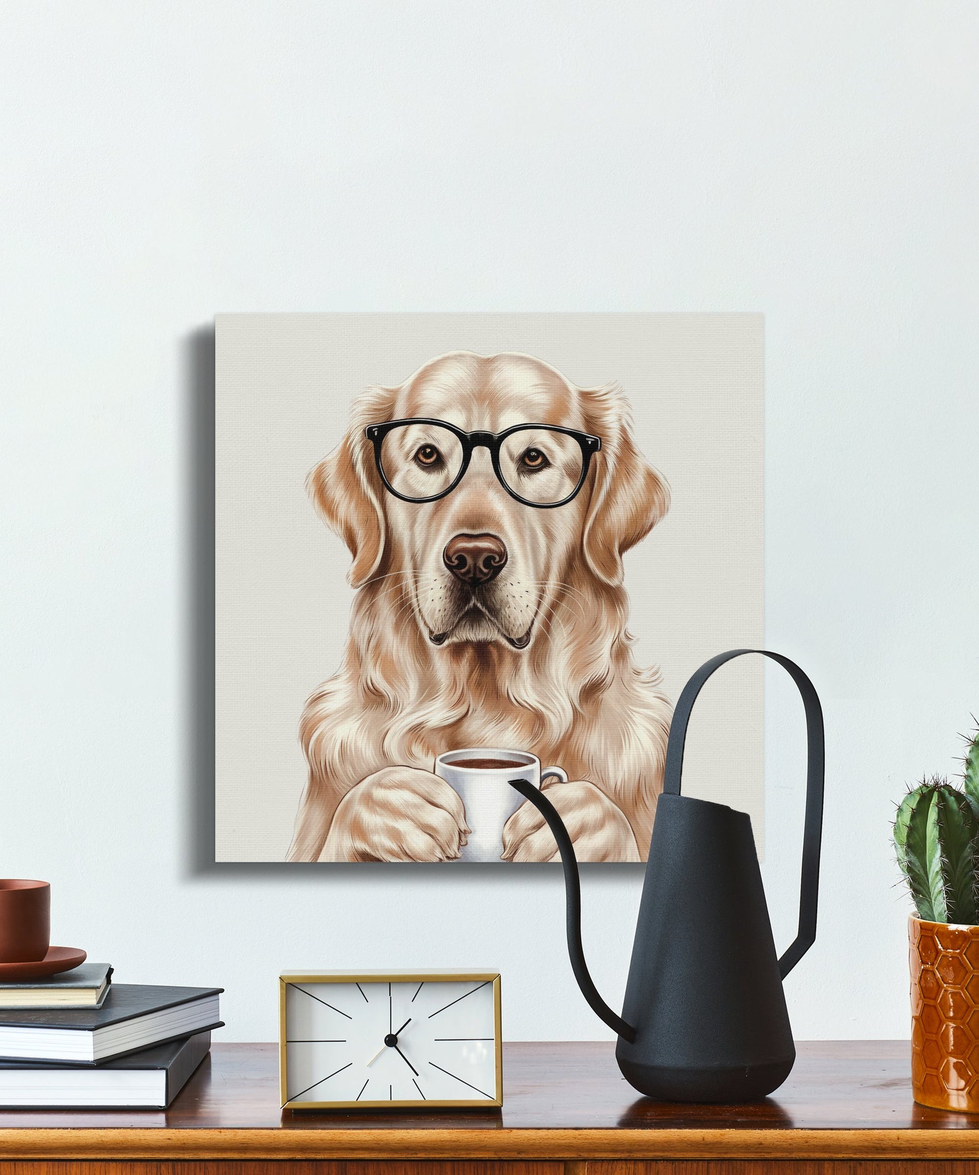 Premium Poster of Adorable Golden Retriever With Glasses and Coffee Canvas Wraps