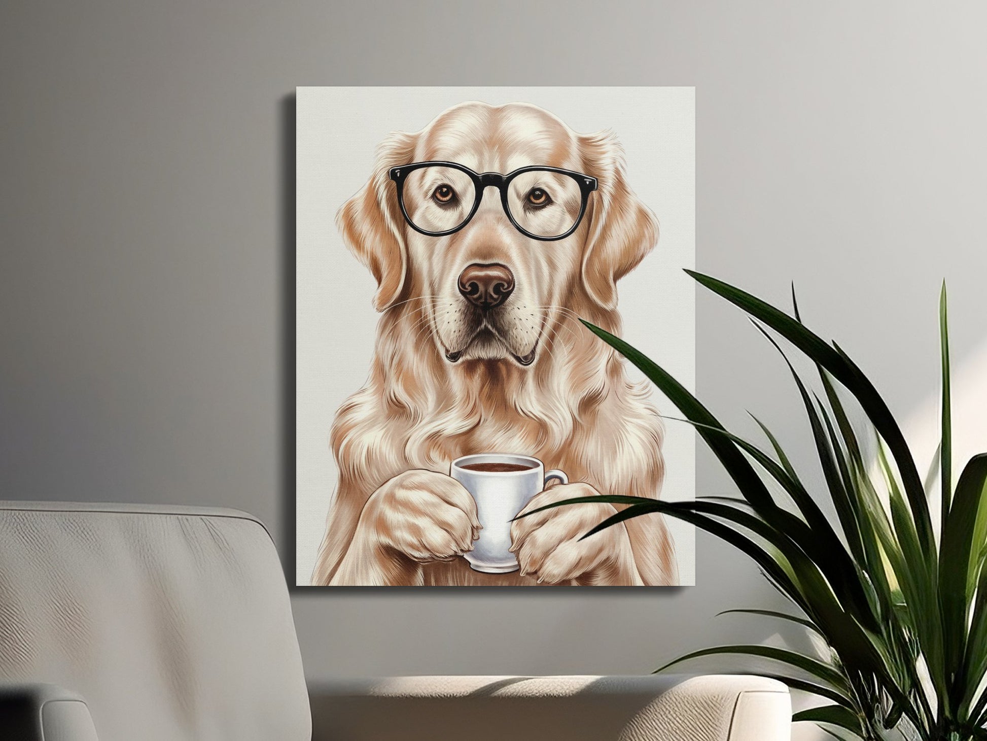 Premium Poster of Adorable Golden Retriever With Glasses and Coffee Canvas Wraps