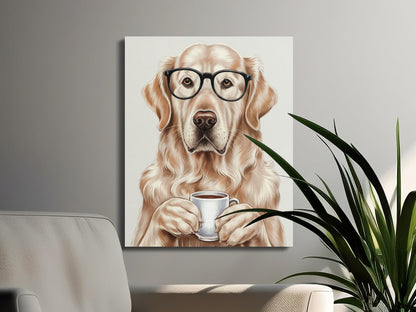 Premium Poster of Adorable Golden Retriever With Glasses and Coffee Canvas Wraps