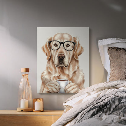 Premium Poster of Adorable Golden Retriever With Glasses and Coffee Canvas Wraps