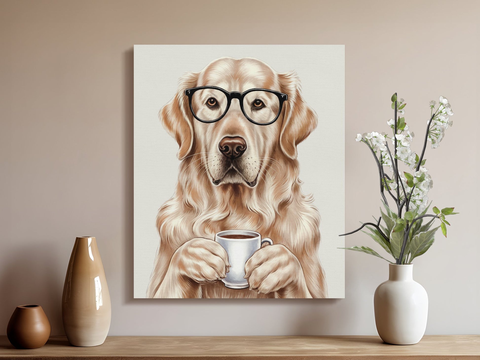 Premium Poster of Adorable Golden Retriever With Glasses and Coffee Canvas Wraps