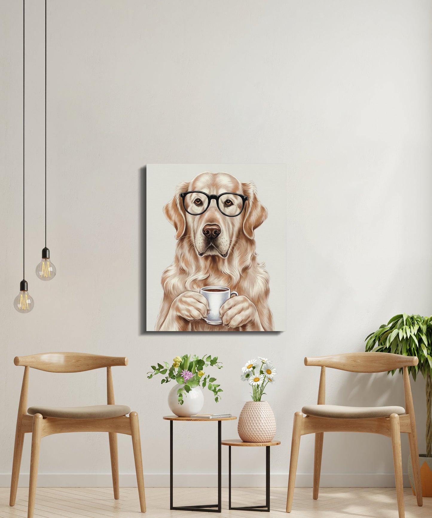Premium Poster of Adorable Golden Retriever With Glasses and Coffee Canvas Wraps