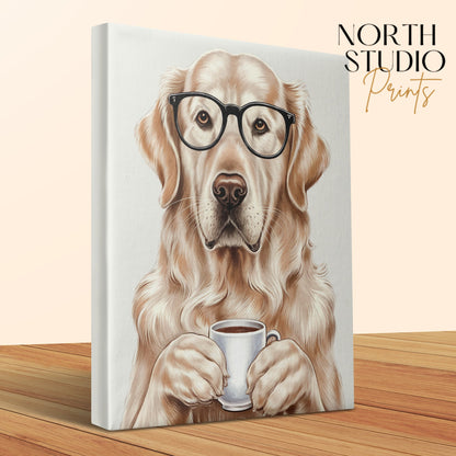 Premium Poster of Adorable Golden Retriever With Glasses and Coffee Canvas Wraps