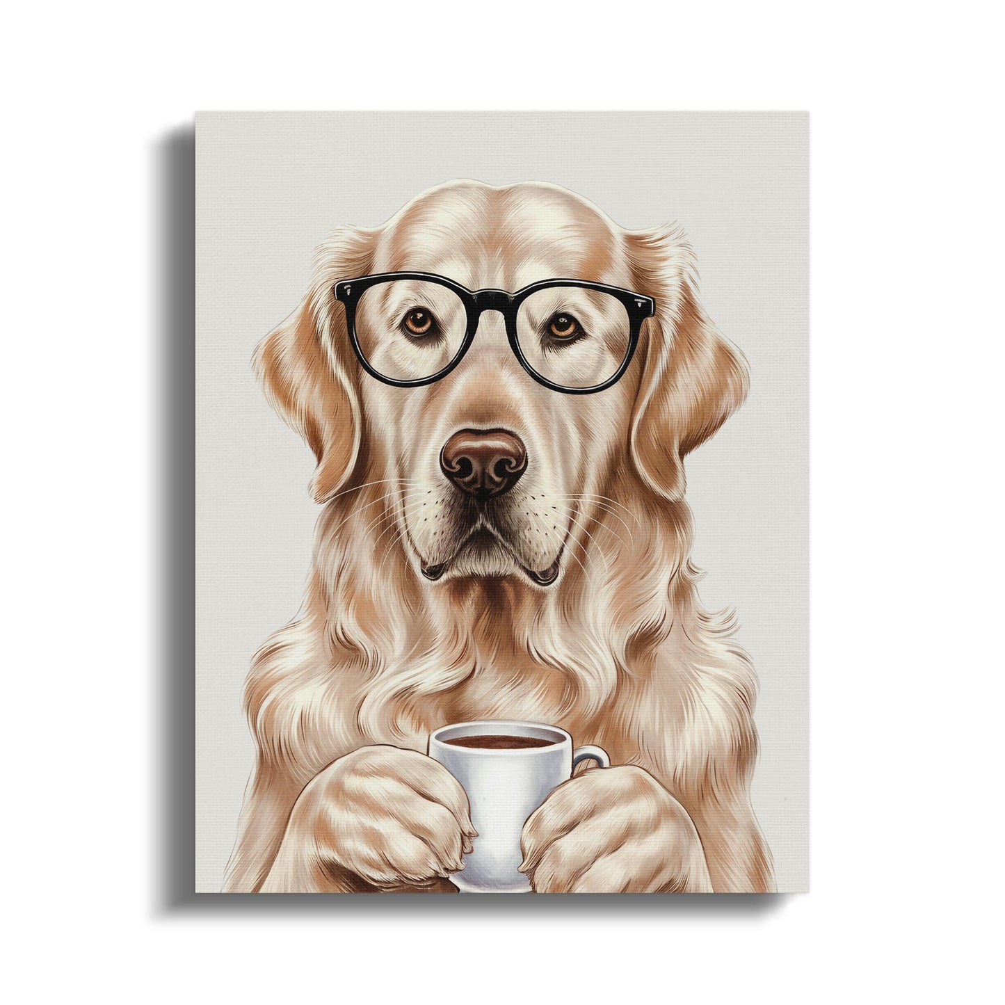 Premium Poster of Adorable Golden Retriever With Glasses and Coffee Canvas Wraps