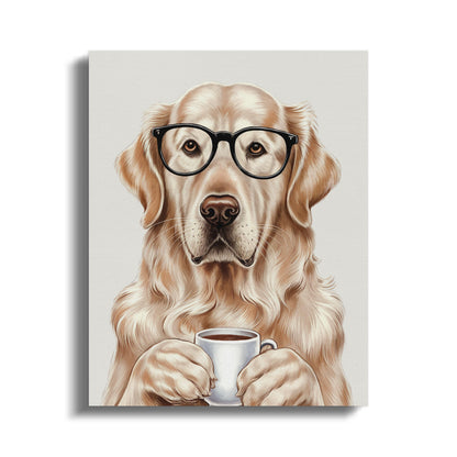Premium Poster of Adorable Golden Retriever With Glasses and Coffee Canvas Wraps