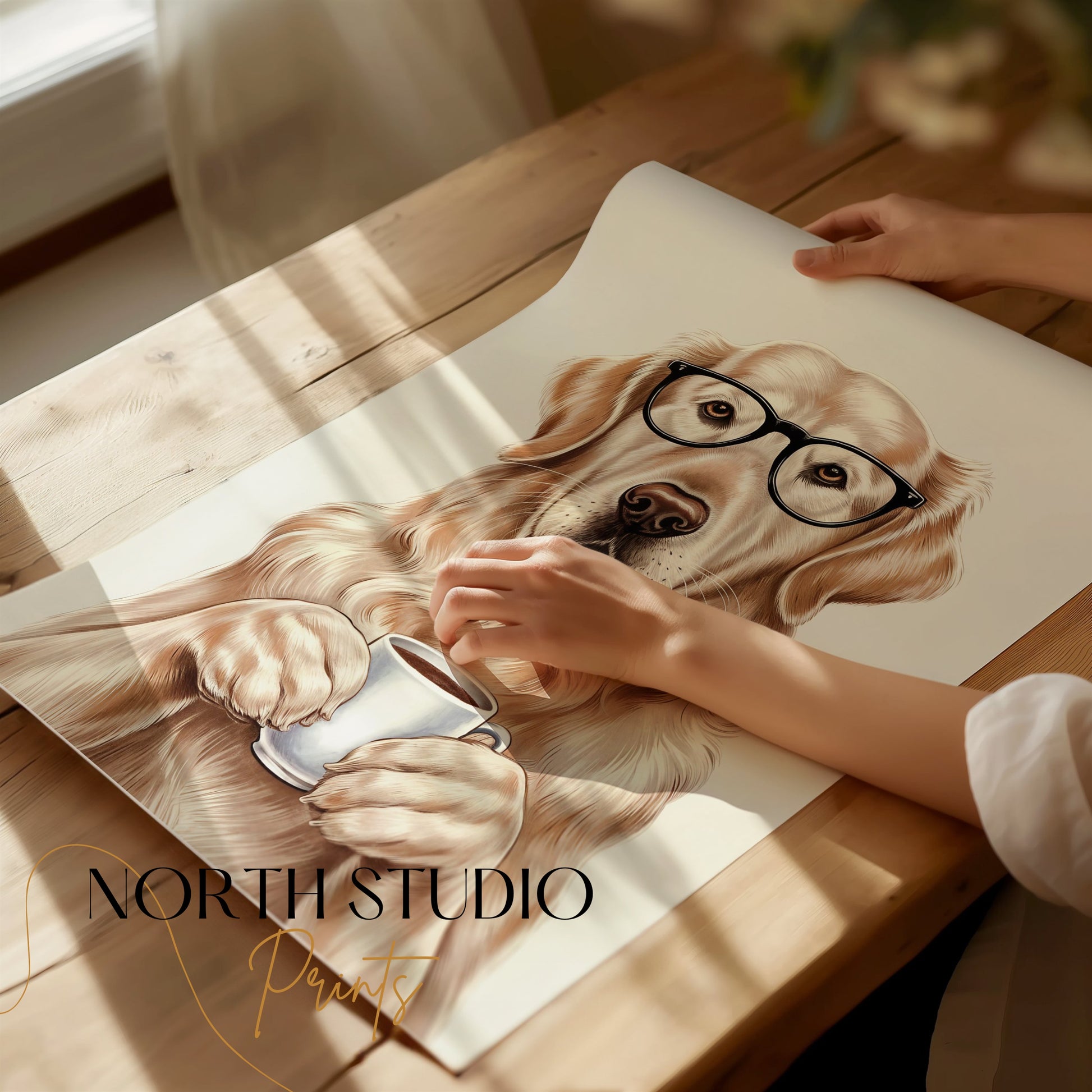 Premium Poster of Adorable Golden Retriever with Glasses and Coffee Posters