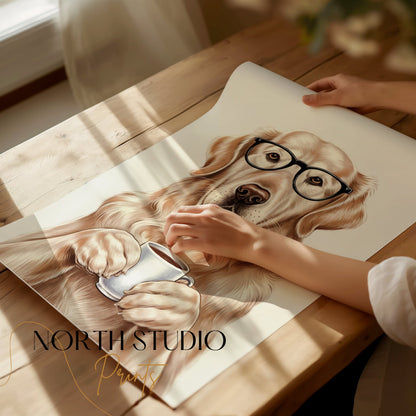 Premium Poster of Adorable Golden Retriever with Glasses and Coffee Posters