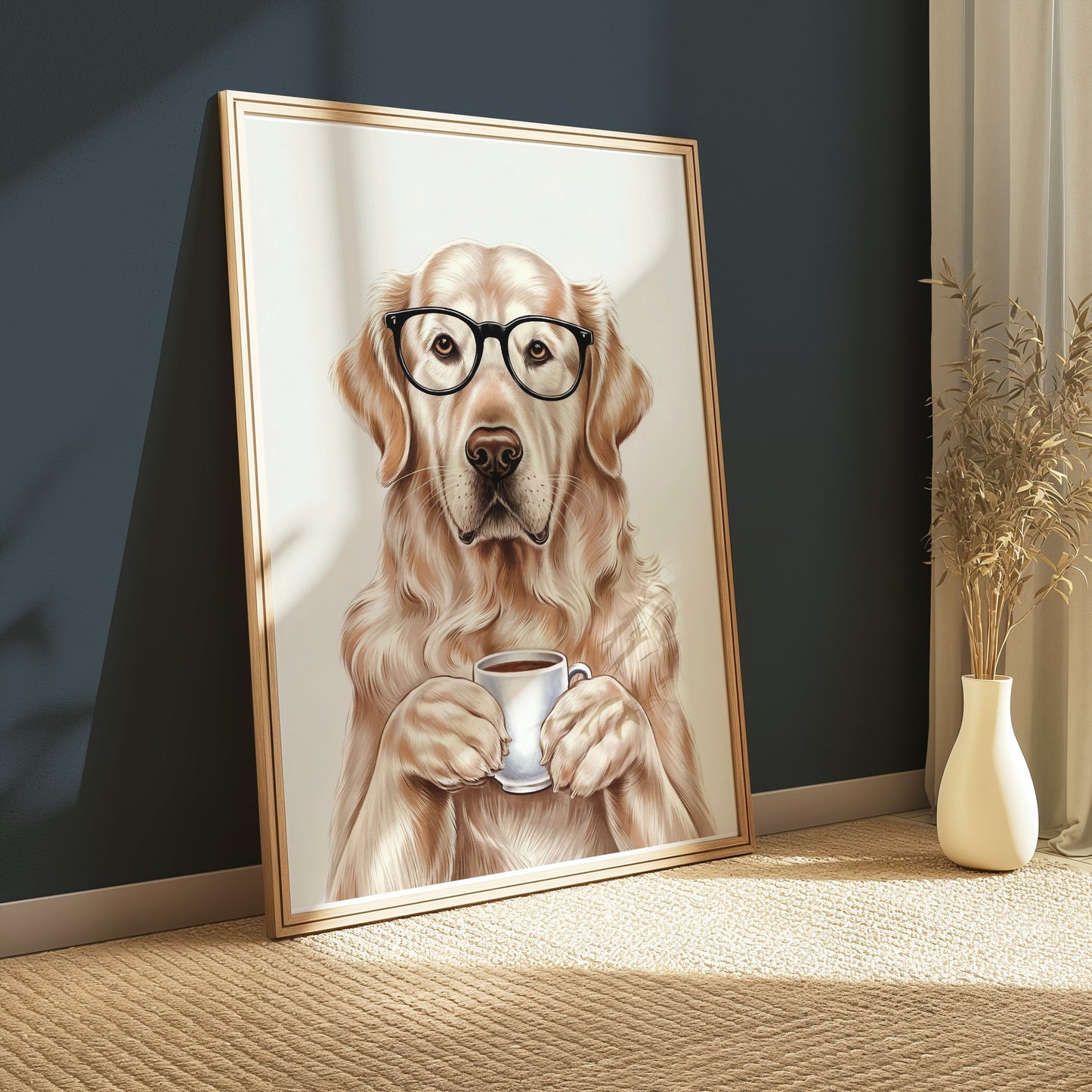 Premium Poster of Adorable Golden Retriever with Glasses and Coffee Posters