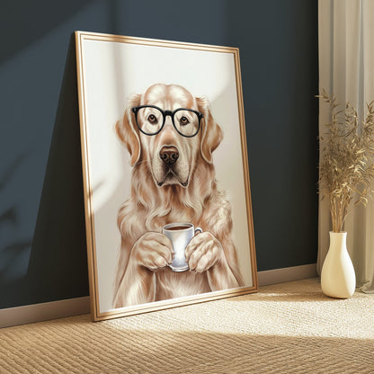 Premium Poster of Adorable Golden Retriever with Glasses and Coffee Posters