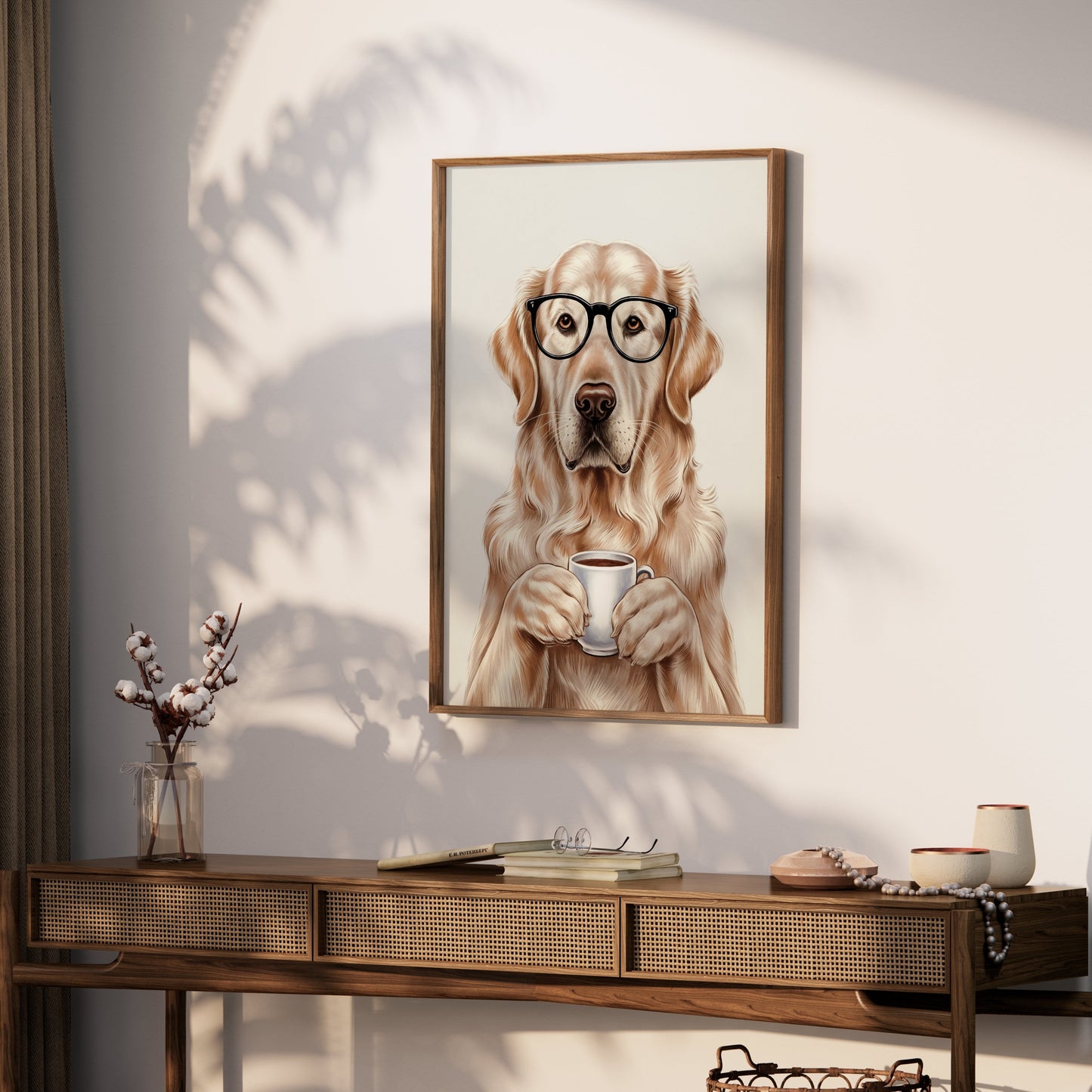 Premium Poster of Adorable Golden Retriever with Glasses and Coffee Posters