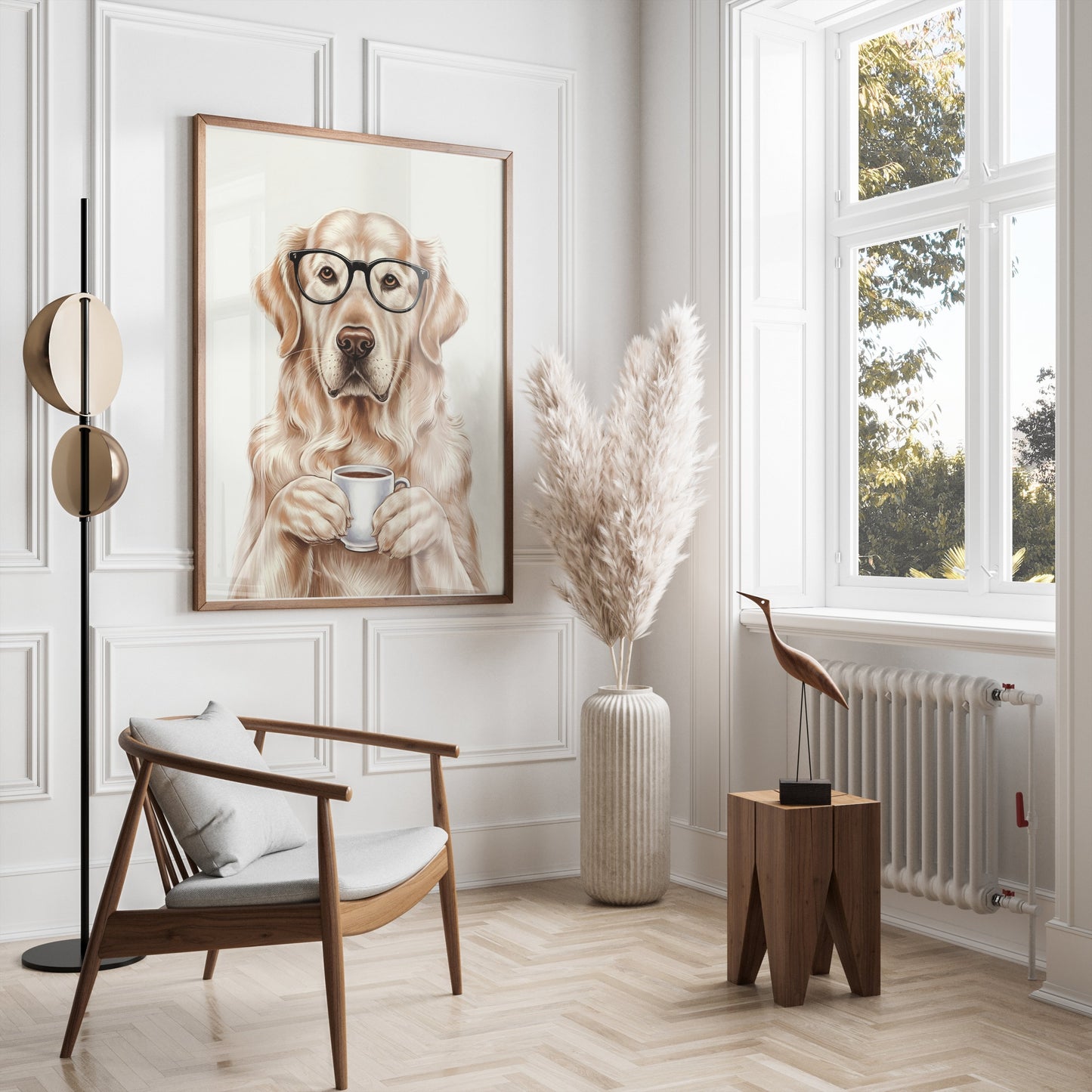 Premium Poster of Adorable Golden Retriever with Glasses and Coffee Posters