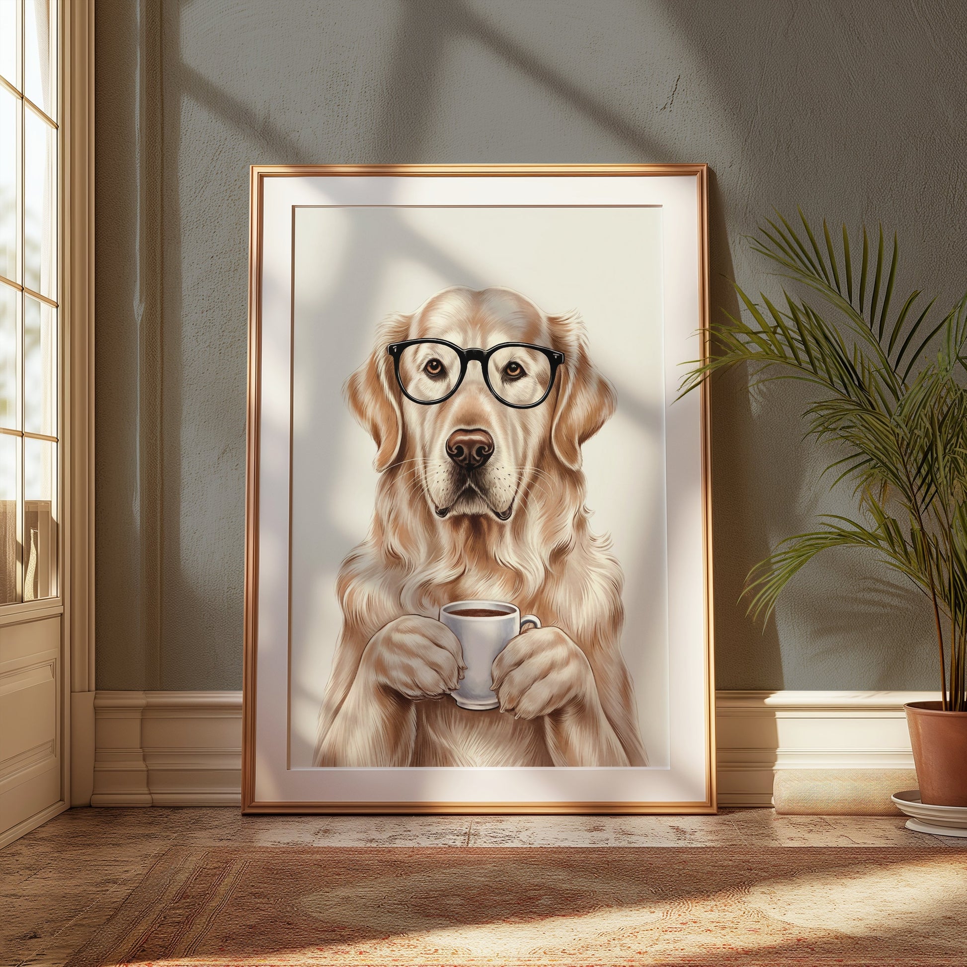 Premium Poster of Adorable Golden Retriever with Glasses and Coffee Posters