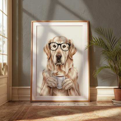 Premium Poster of Adorable Golden Retriever with Glasses and Coffee Posters