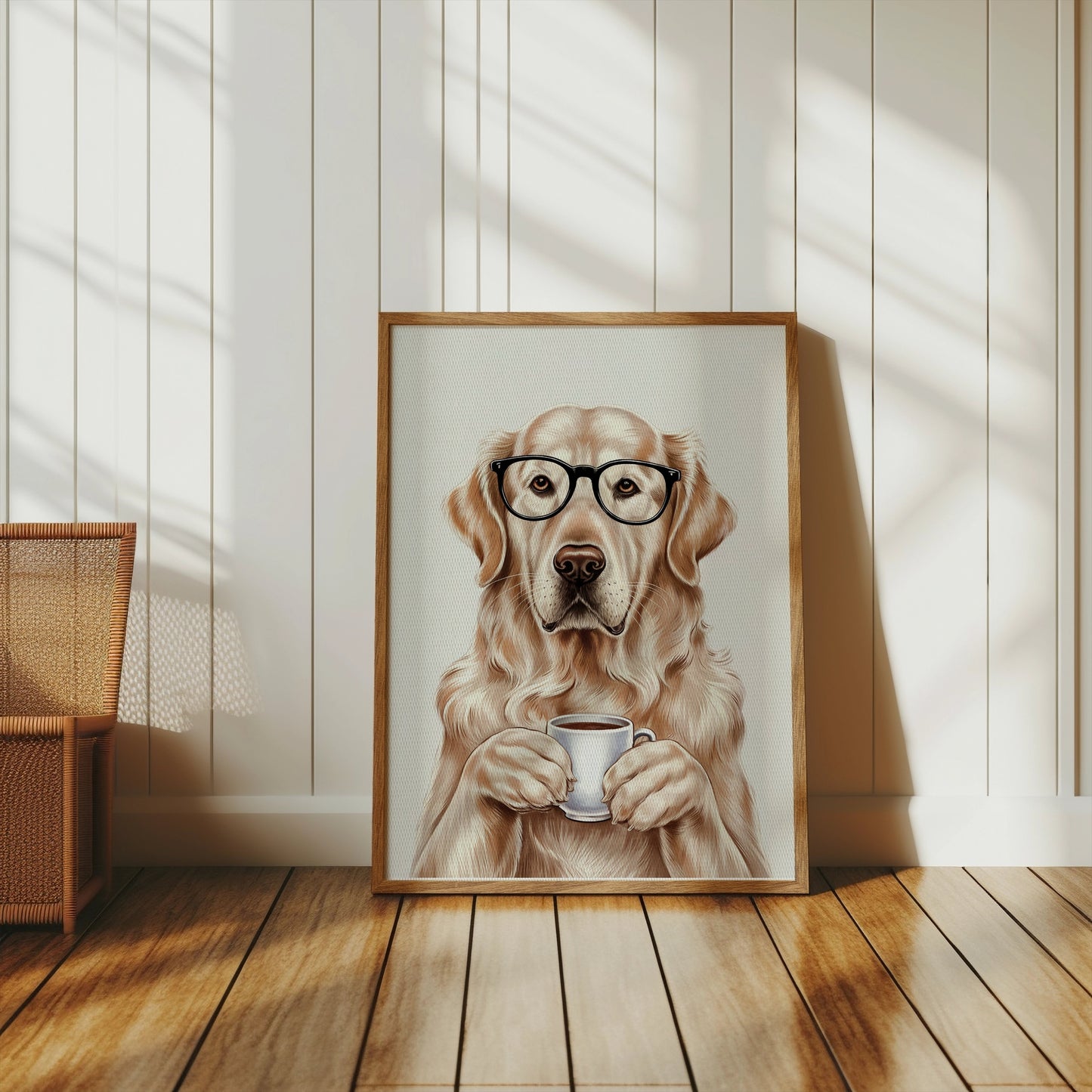 Premium Poster of Adorable Golden Retriever with Glasses and Coffee Posters