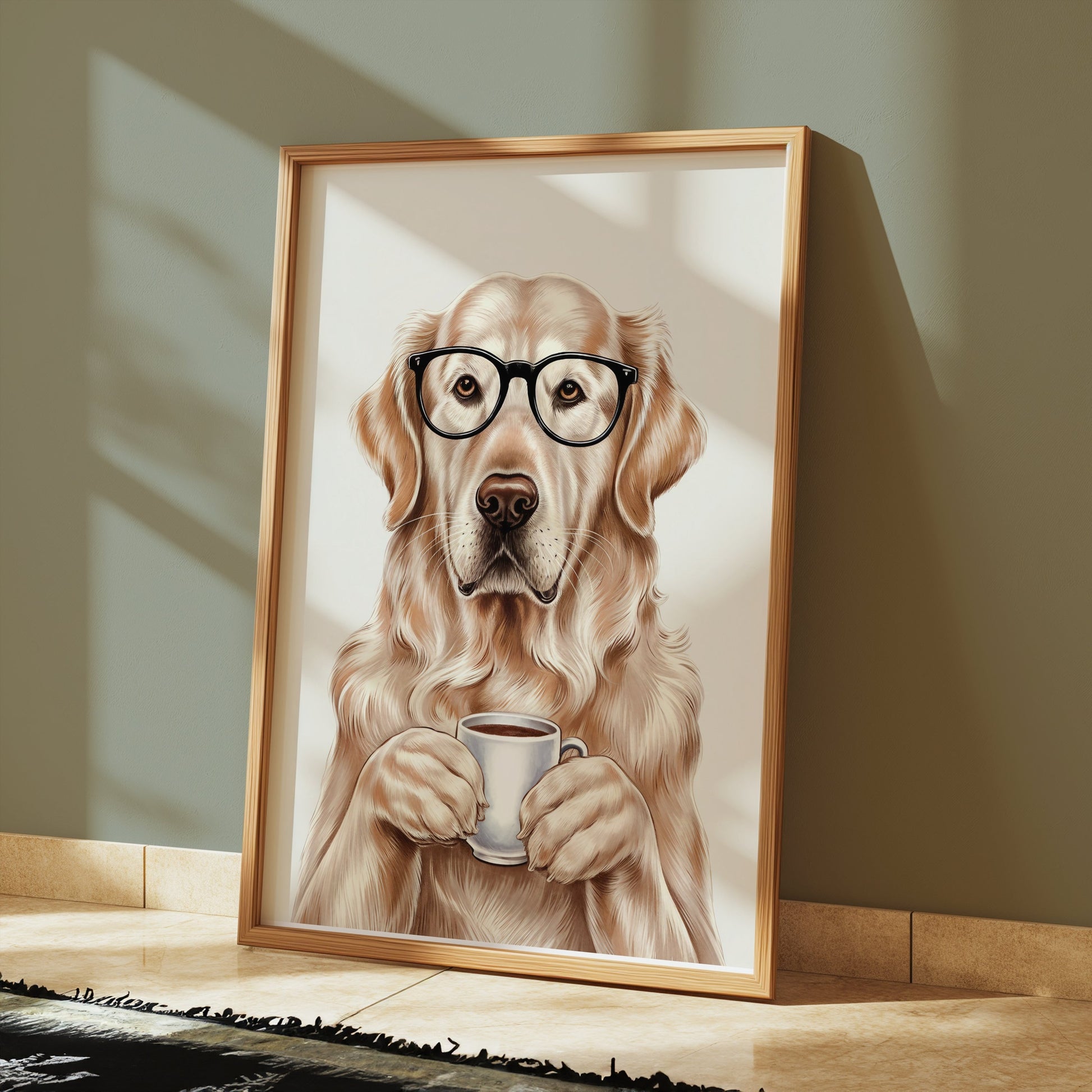 Premium Poster of Adorable Golden Retriever with Glasses and Coffee Posters