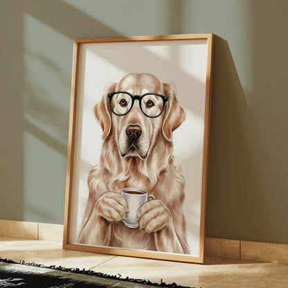 Premium Poster of Adorable Golden Retriever with Glasses and Coffee Posters