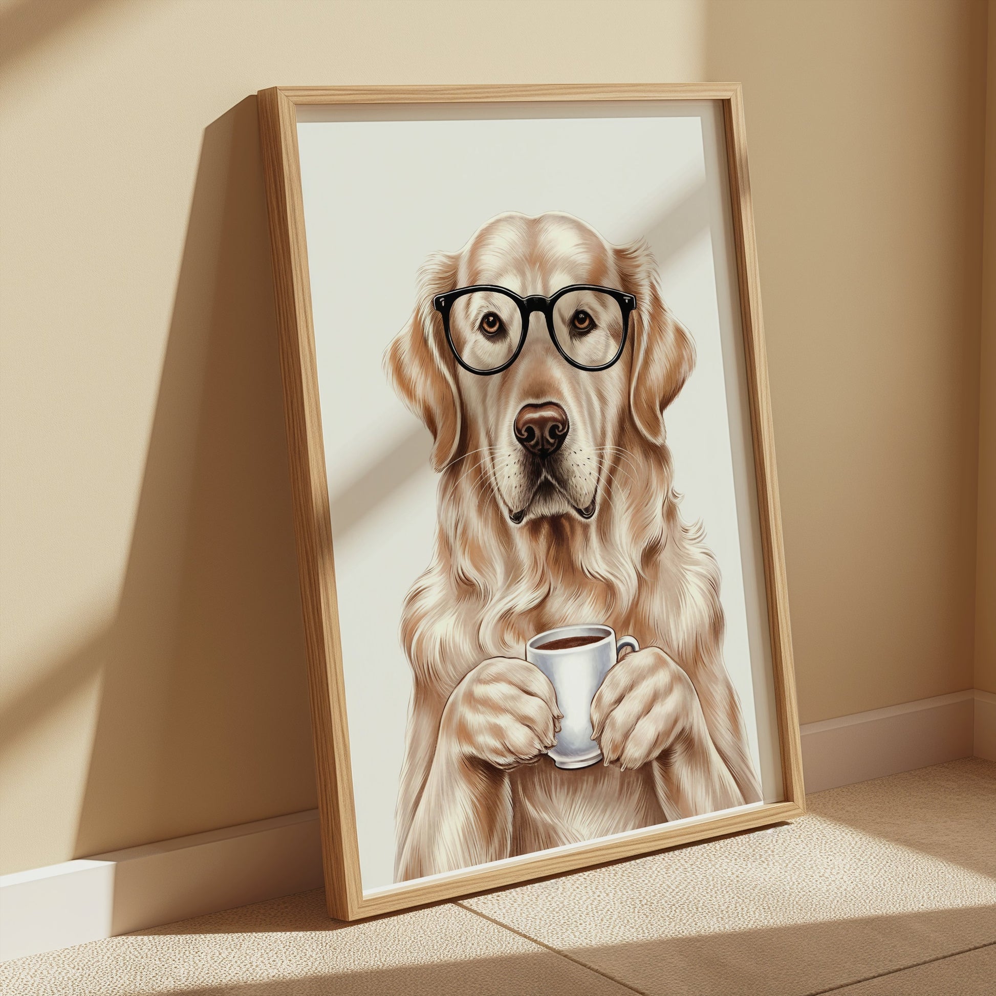 Premium Poster of Adorable Golden Retriever with Glasses and Coffee Posters
