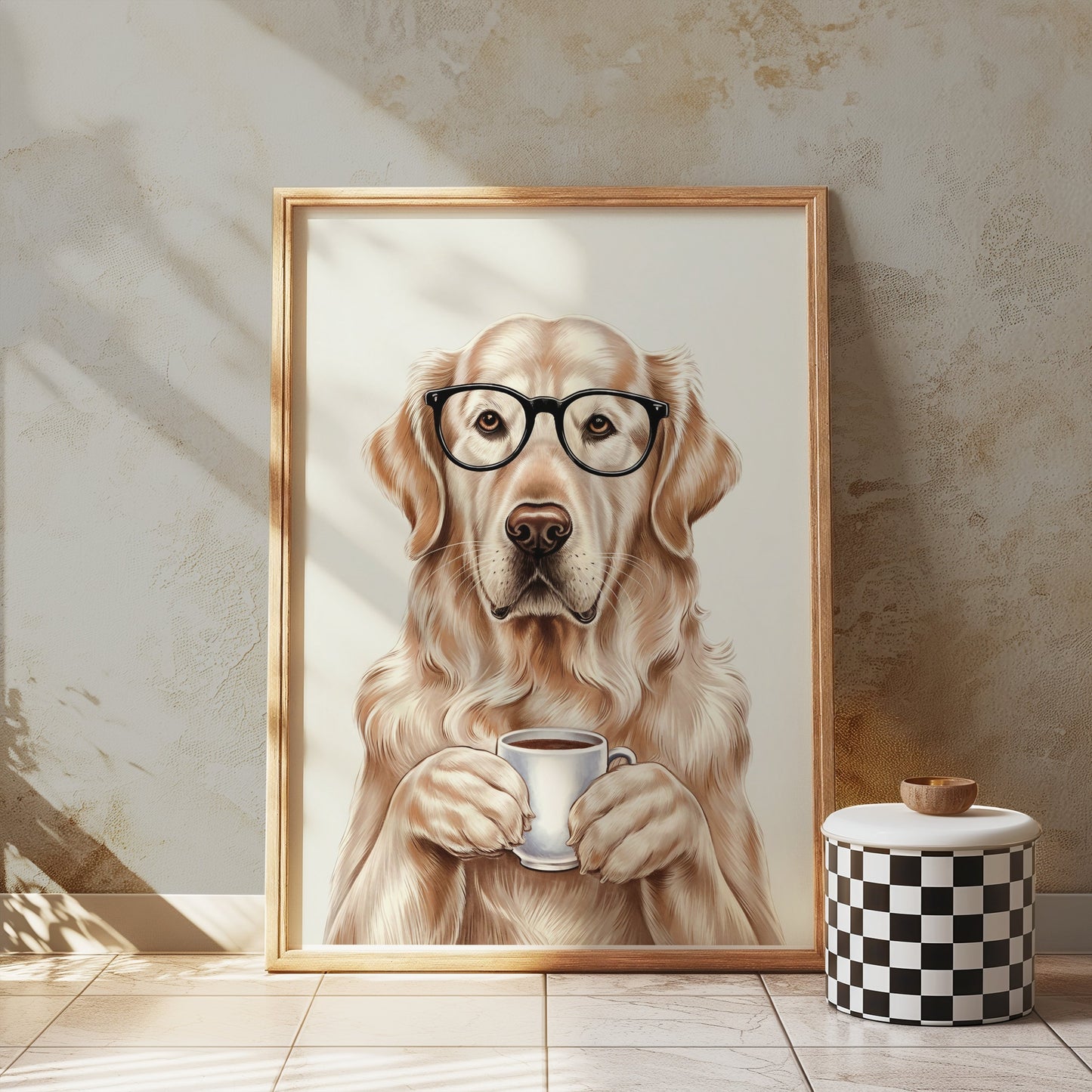 Premium Poster of Adorable Golden Retriever with Glasses and Coffee Posters