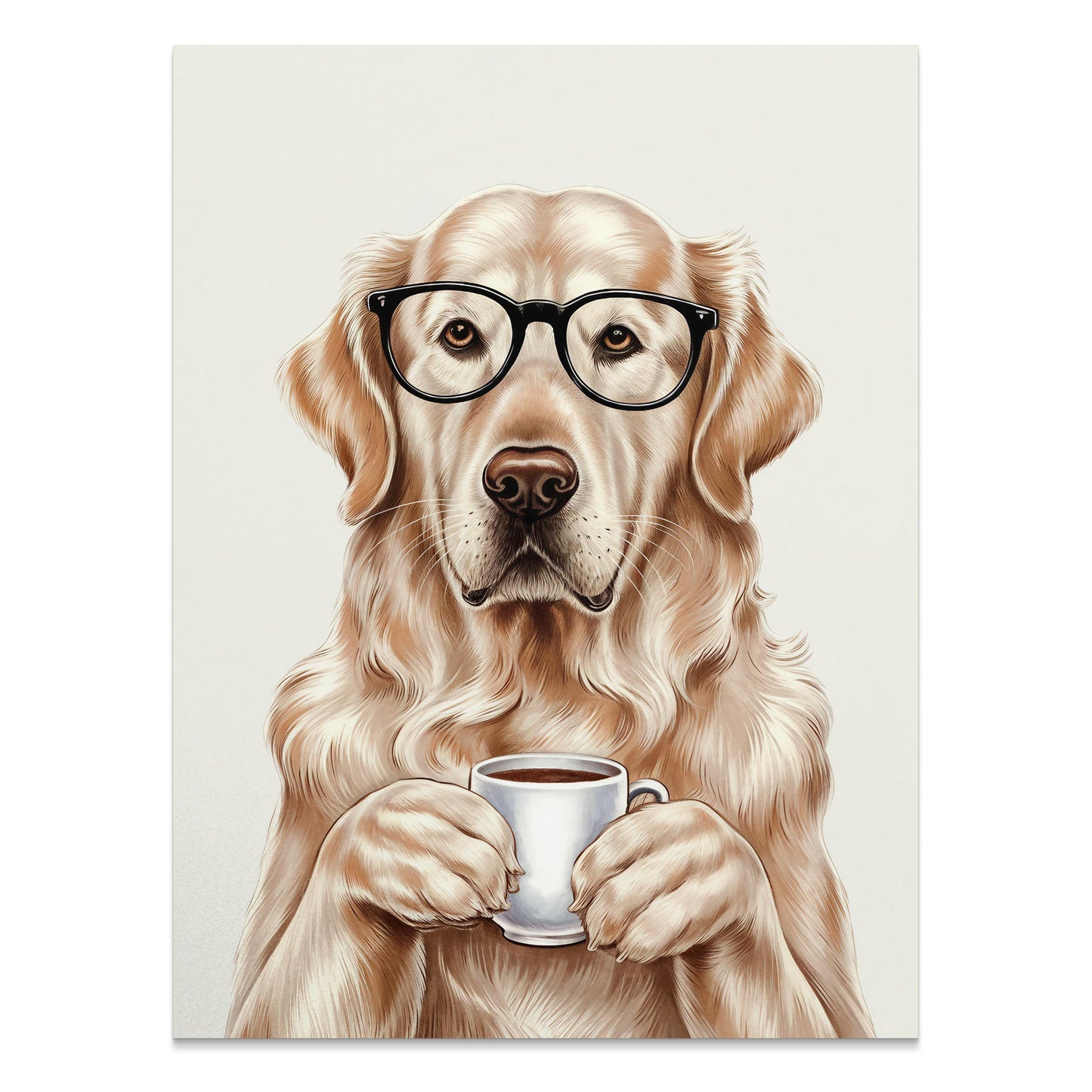 Premium Poster of Adorable Golden Retriever with Glasses and Coffee Posters