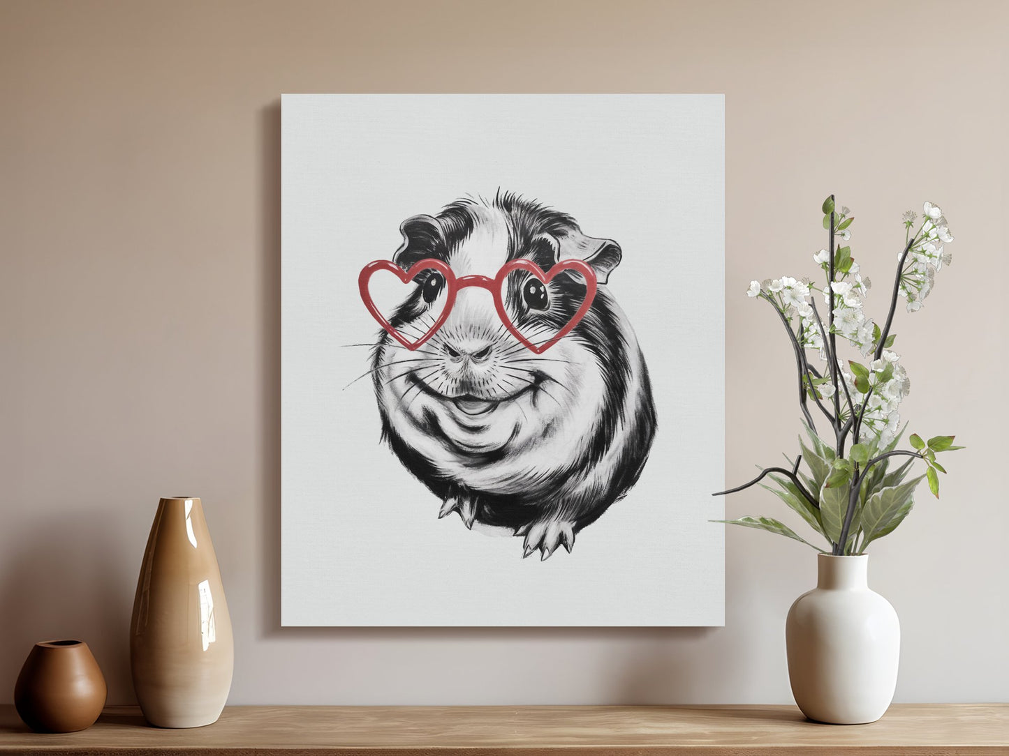 Premium Poster of Adorable Guinea Pig Sketch with Heart Glasses Canvas Wraps