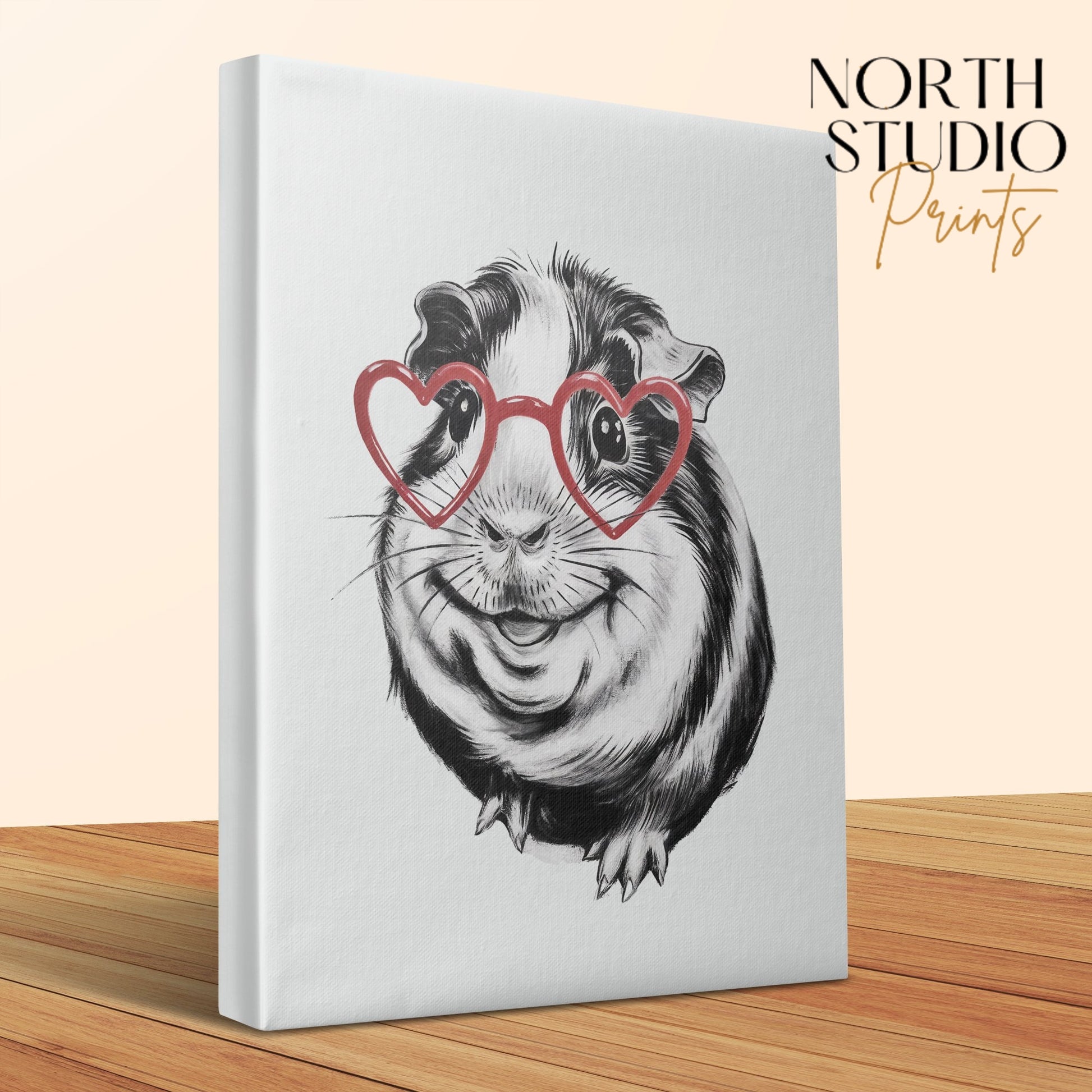 Premium Poster of Adorable Guinea Pig Sketch with Heart Glasses Canvas Wraps
