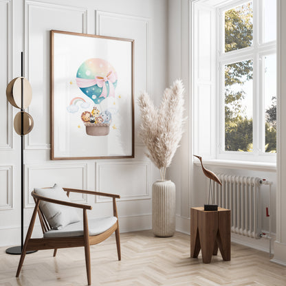 Premium Poster of Adorable Hot Air Balloon with Cute Animals Posters