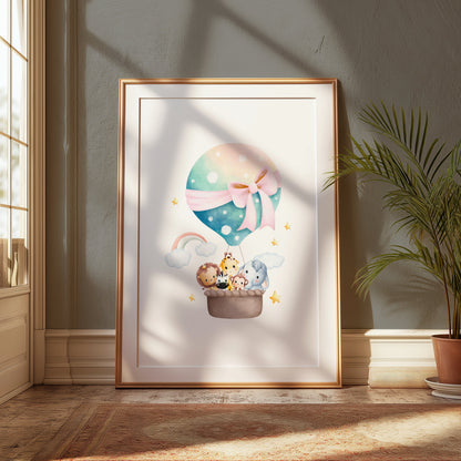 Premium Poster of Adorable Hot Air Balloon with Cute Animals Posters