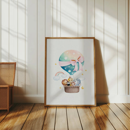 Premium Poster of Adorable Hot Air Balloon with Cute Animals Posters