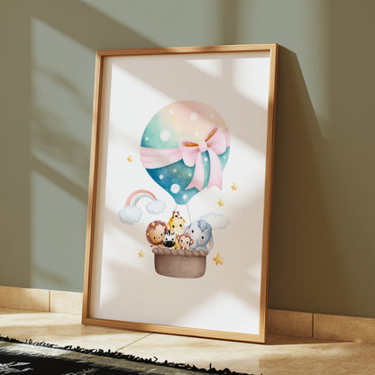 Premium Poster of Adorable Hot Air Balloon with Cute Animals Posters