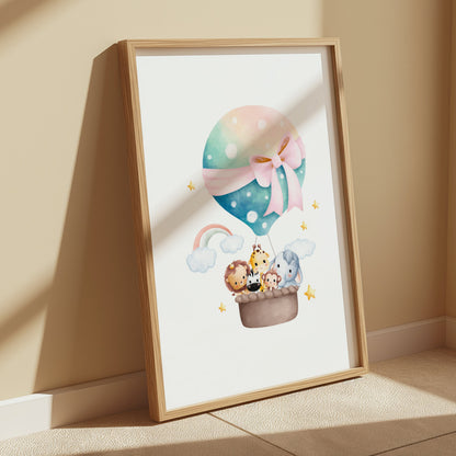 Premium Poster of Adorable Hot Air Balloon with Cute Animals Posters