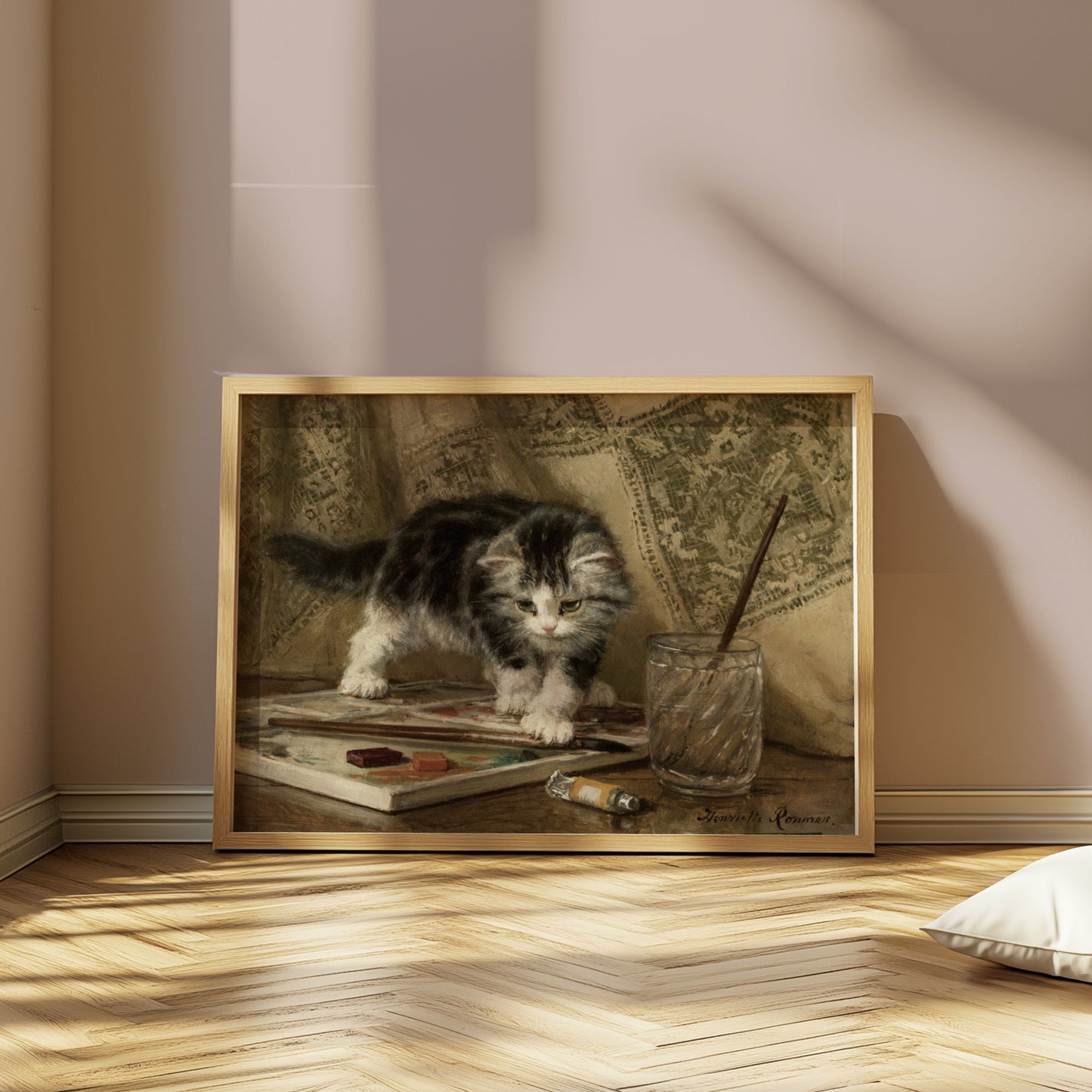 Premium Poster of Adorable Kitten Standing On Art Supplies Posters