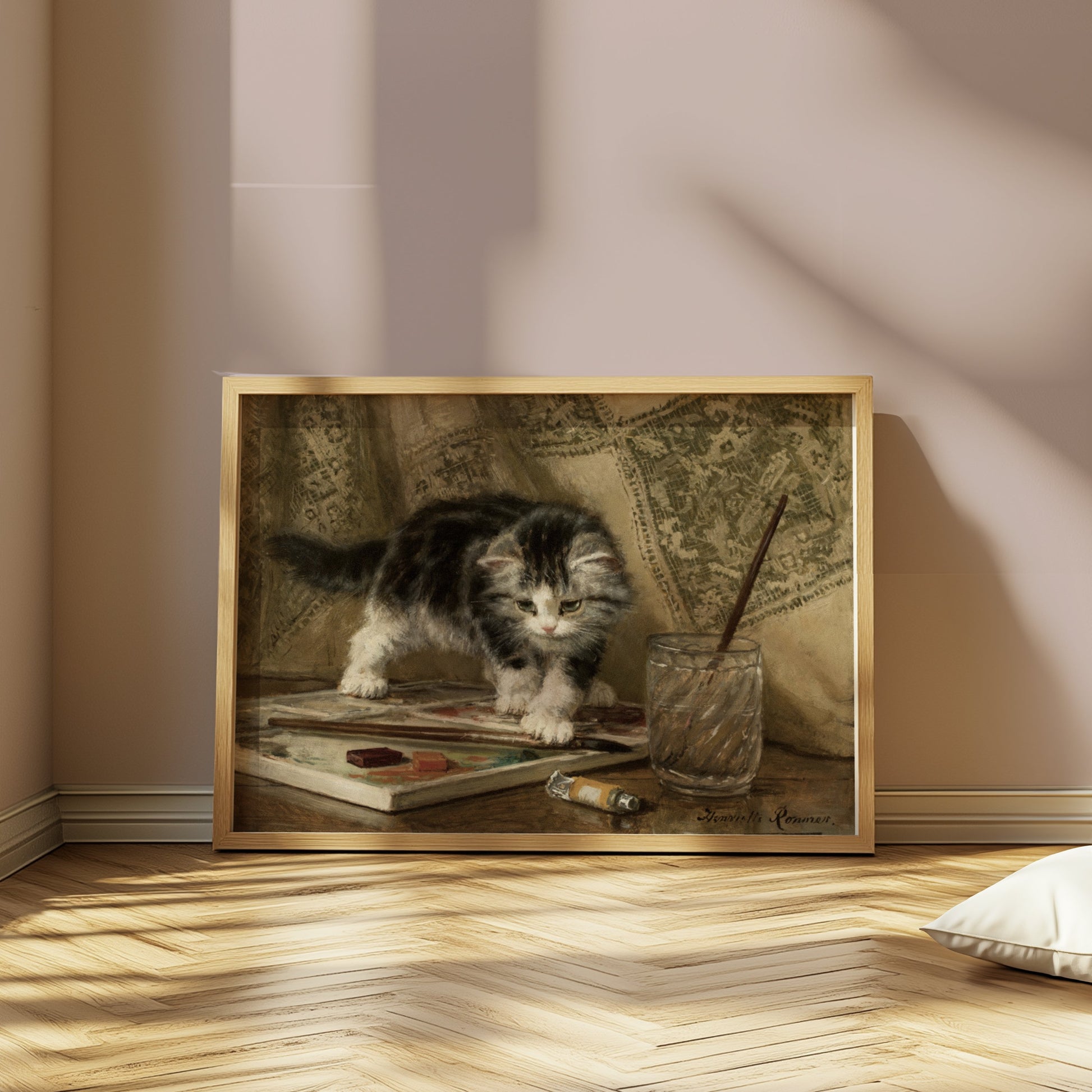 Premium Poster of Adorable Kitten Standing On Art Supplies Posters