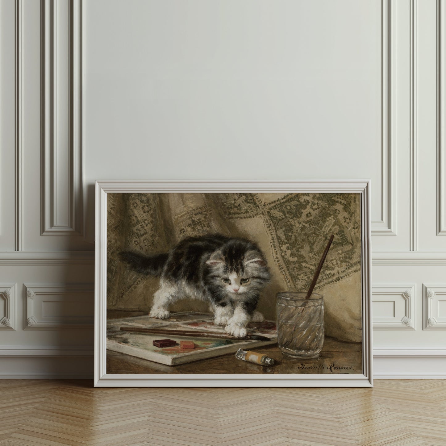 Premium Poster of Adorable Kitten Standing On Art Supplies Posters