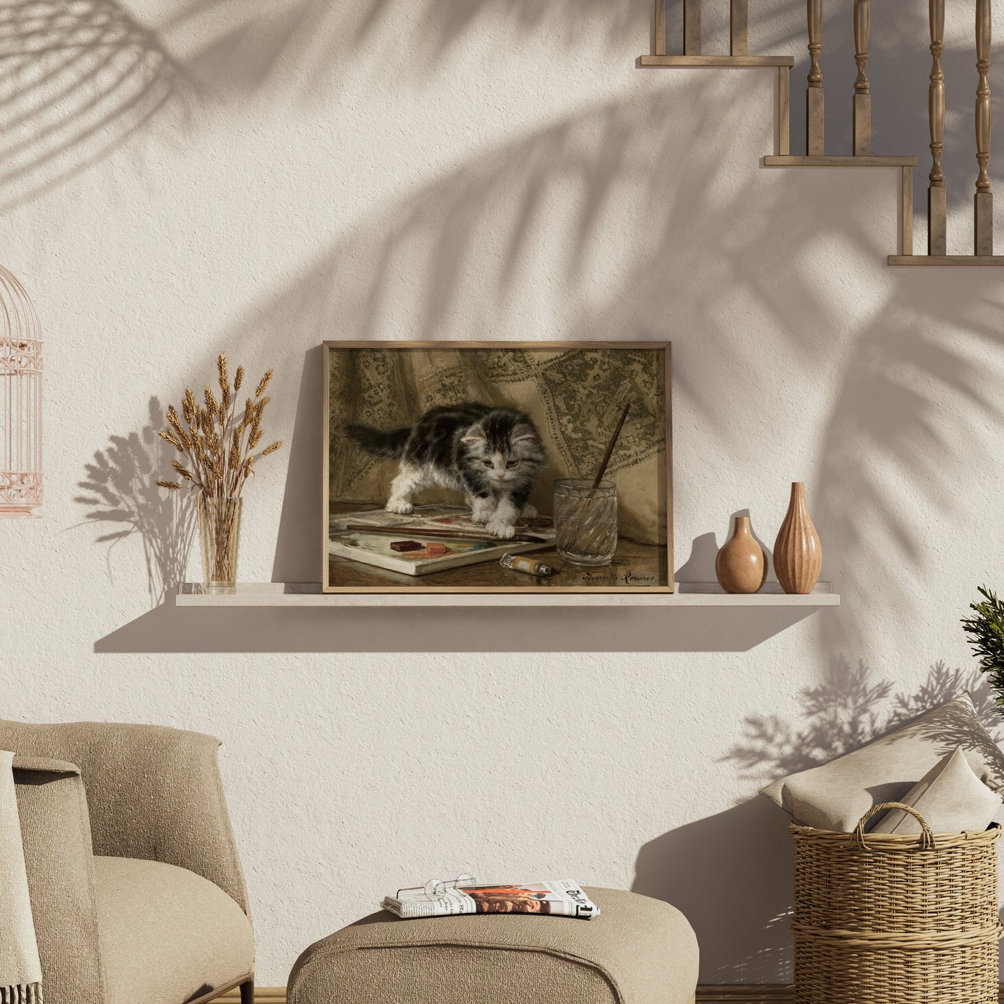 Premium Poster of Adorable Kitten Standing On Art Supplies Posters