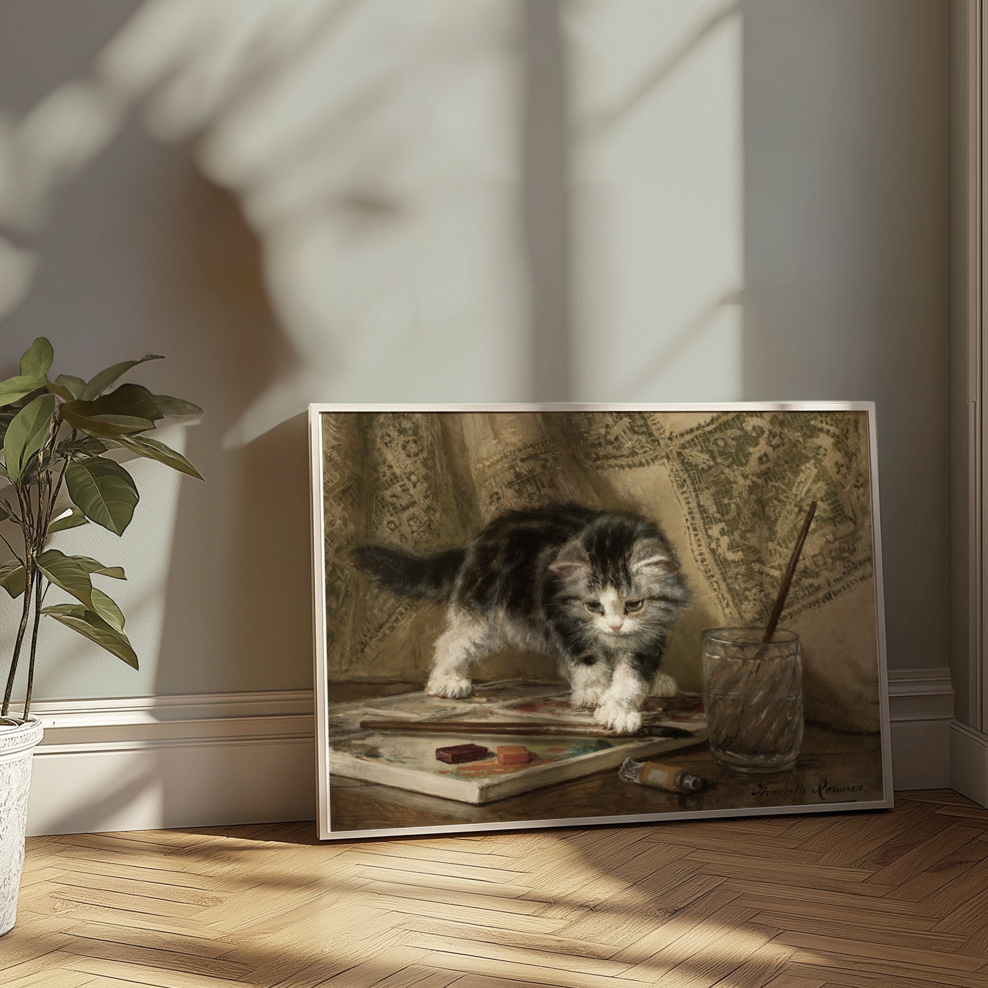 Premium Poster of Adorable Kitten Standing On Art Supplies Posters